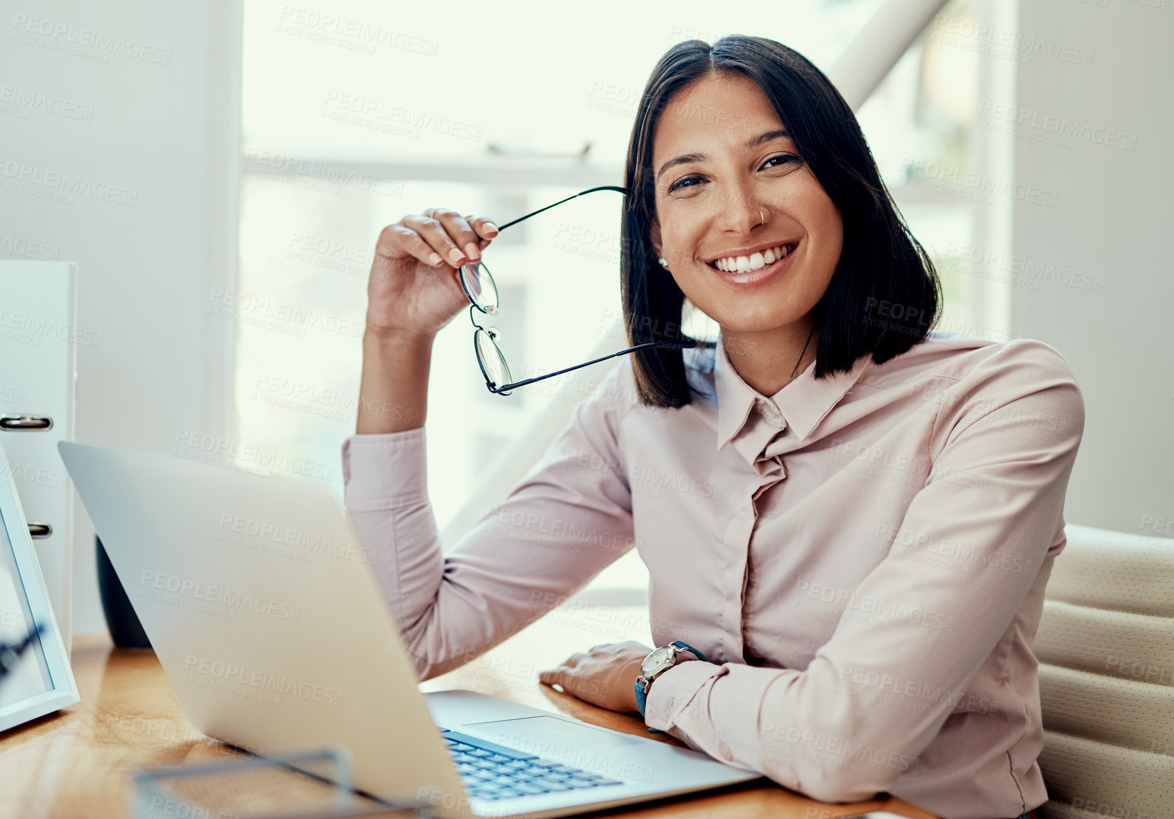 Buy stock photo Woman, portrait and relax with laptop at desk for research, email or online review for website. Journalist, technology and happy for article or feedback, business and smile for career in company