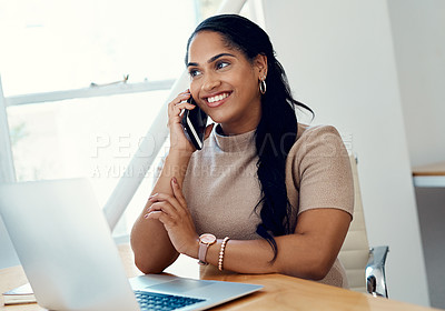 Buy stock photo Business woman, phone call and smile from public relations work and mobile networking at office desk. Employee, thinking and laptop with communication, advice and online discussion for job at company