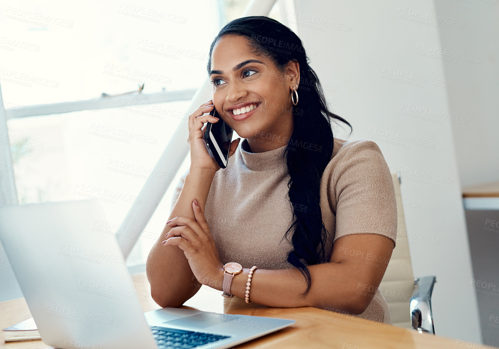 Buy stock photo Business woman, phone call and smile from public relations work and mobile networking at office desk. Employee, thinking and laptop with communication, advice and online discussion for job at company