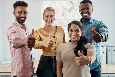 Buy stock photo Thumbs up, happy and team in office for business, success for planning and agreement. Group, collaboration and people in creative agency for design, review and feedback or achievement for project