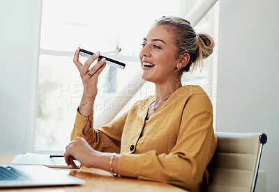 Buy stock photo Voice note, office and woman with cellphone, smile and communication with contact, notebook and online. Conversation, editor and person with mobile, project and talking on app and social media