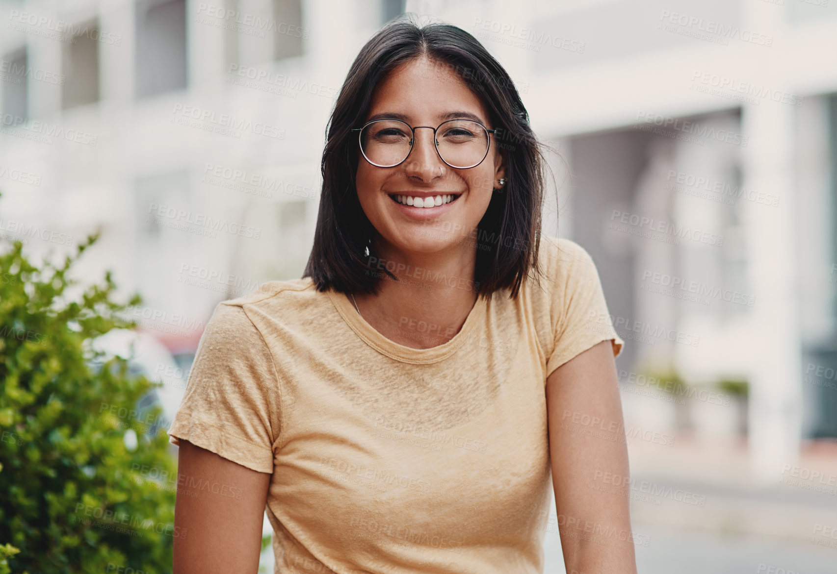 Buy stock photo Smile, girl and portrait with glasses outdoor for eyesight or clear vision, optometry wellness and prescription lens. Female student, spectacles and happy for eye care and ocular surface disease.