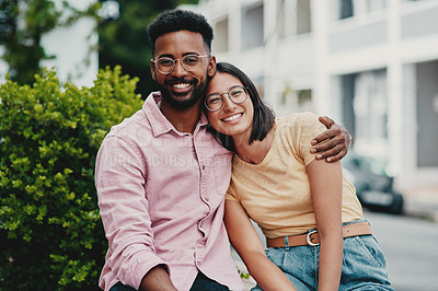 Buy stock photo Hug, portrait and smile of interracial couple in city together for date, sightseeing or travel abroad. Holiday, love or vacation with happy man and woman embracing outdoor in urban town overseas