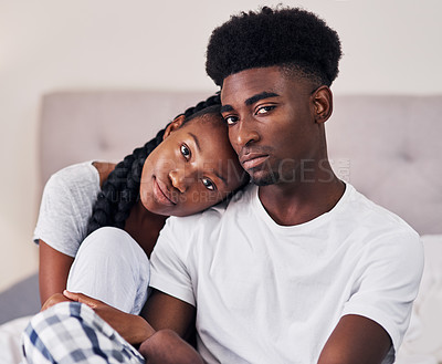 Buy stock photo Portrait, black couple and relax with love in bedroom of hotel for weekend getaway, romantic connection and bonding. Man, woman and together in motel for dating anniversary, embrace and commitment.