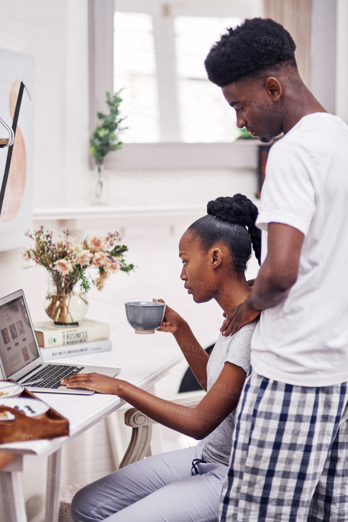 Buy stock photo Black woman, laptop screen and man with interrupting, bonding for communication in morning. African couple, together and technology for streaming, online activity and connection for working from home