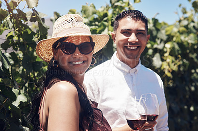 Buy stock photo Happy, couple and portrait in vineyard with wine on holiday, date or relax on vacation in Italy. People, travel and smile with drinks at winery, farm and enjoy summer with alcohol in countryside