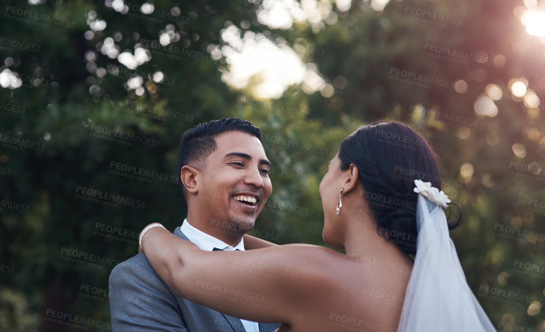 Buy stock photo Smile, couple and hug on wedding day as celebration for love, commitment and dancing on marriage. Ceremony, woman and man at event as reception together, happiness or summer with care on honeymoon