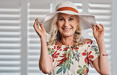 Buy stock photo Elderly woman, portrait and summer fashion on holiday, home and hat for relaxing vacation at hotel. Female person, confident style and retirement for happy getaway, weekend trip and travel for peace