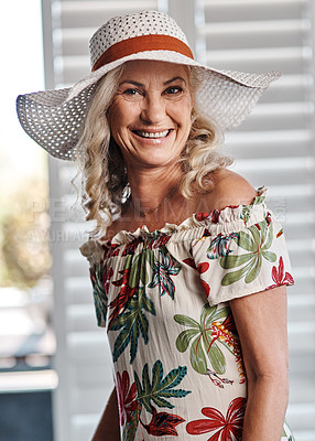 Buy stock photo Portrait, senior and woman in hotel room and summer hat for travel, fun and vacation, happy and relax. Face, hat and elderly woman enjoy retirement by traveling in Mexico, satisfied with accomodation