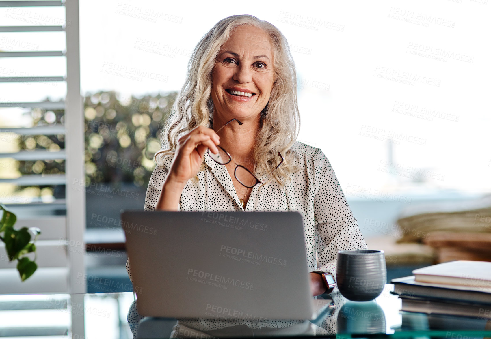 Buy stock photo Cropped portrait of an attractive senior businesswoman smiling while working from home