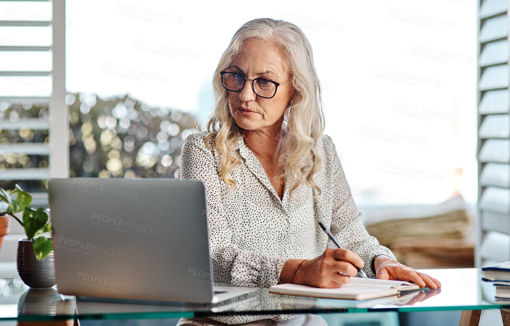 Buy stock photo Cropped shot of an attractive senior businesswoman working from home