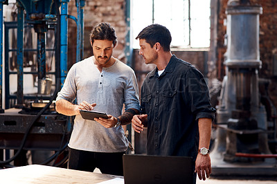 Buy stock photo Tablet, manufacturing or people in workshop for blacksmith planning or warehouse trade in small business. Teamwork, research or metal workers in factory on technology for production or steel industry