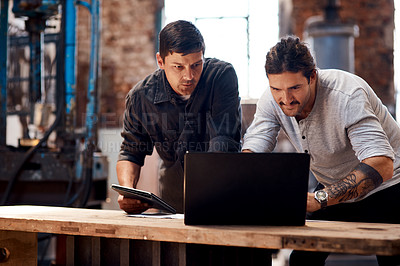 Buy stock photo Research, laptop or people in factory for blacksmith planning, labor or warehouse trade in small business. Tablet, teamwork or metal workers in workshop on technology for production or steel industry