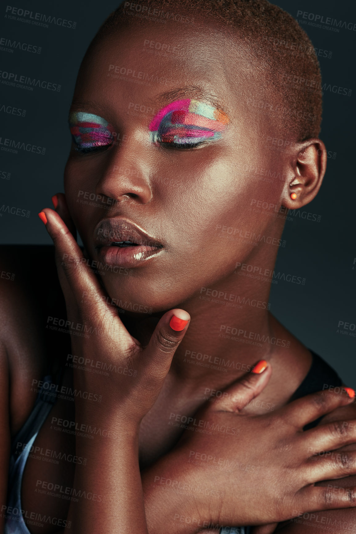 Buy stock photo Color, eyeshadow and black woman with makeup, glow and shine on dark studio background. African person, model and girl with creativity, aesthetic and artistic with foundation, dermatology and beauty