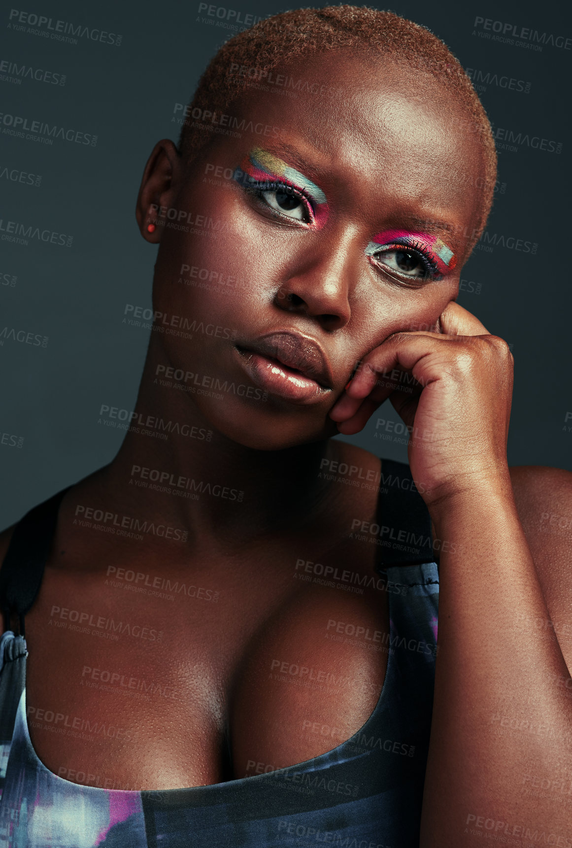 Buy stock photo Black woman, thinking and hand in studio with beauty, cosmetic and on dark background. Eyeshadow, confidence or bold makeup for model person, glam and glow for creative cosmetology and vision or idea