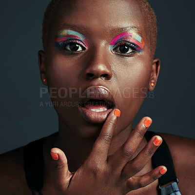 Buy stock photo Black woman, lipstick and hand in studio with portrait, cosmetic and on dark background. Manicure, eyeshadow and bold makeup for model person, glam and glow for creative cosmetology with application