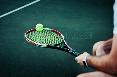 Buy stock photo Man, hands or tennis with racket or ball for match, game or sport on bench at court. Closeup, male person or athletic player with bat for break, rest or half time in competition or outdoor tournament