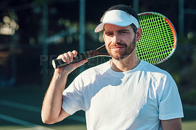 Buy stock photo Sports, tennis and portrait of man at court for training, workout and cardio routine. Fitness, face and male player with racket for exercise, challenge and match outdoors with competitive mindset