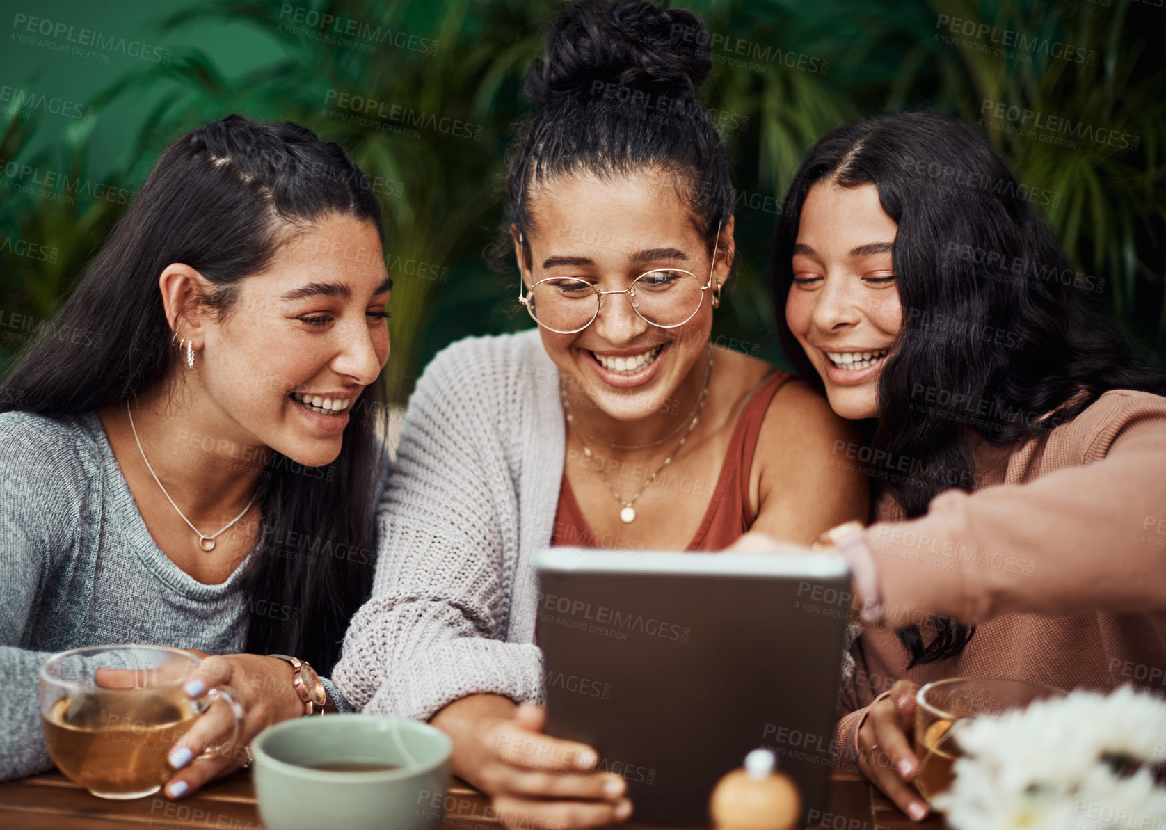 Buy stock photo Women, tablet and friends in cafe together for social media post, food app and reunion with bonding. Gen z people, tech and girl siblings in coffee shop for online menu, reading gossip story and love