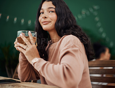 Buy stock photo Relax, tea and thinking with girl in coffee shop as customer for break, hospitality or service. Future, idea and vision with happy person drinking beverage in cafe for weekend rest or time off