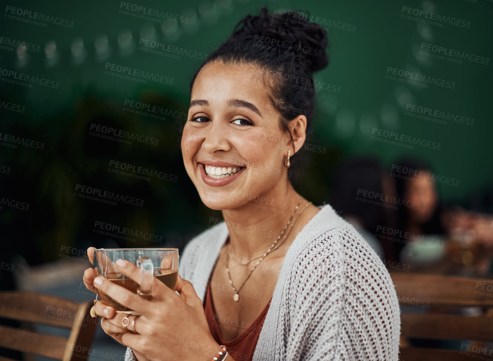 Buy stock photo Woman, portrait and tea at cafe and relax on weekend, break or festive holiday with warm beverage for calm. Face of young customer, person or consumer with hot drink for self care at cozy coffee shop