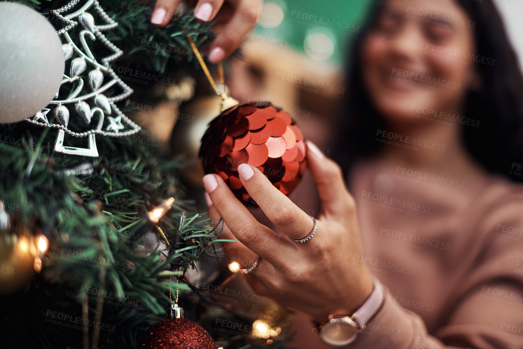 Buy stock photo Happy girl, hands and bauble with christmas tree for decor on festive season, holiday or weekend celebration at home. Closeup of female person with ornament for December, new year or event at house