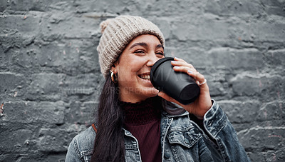 Buy stock photo Grey wall, smile and woman with coffee, portrait and warm with break, happiness and outdoor. Face, New York and girl with herbal tea, holiday and cheerful with espresso, cappuccino and latte