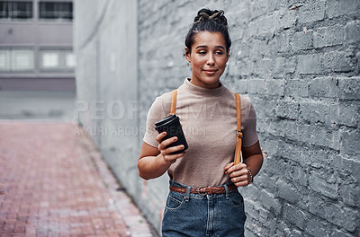 Buy stock photo Grey wall, walking and woman with coffee, portrait and warm with break, adventure and vacation. Face, New York and girl with herbal tea, holiday and getaway trip with espresso, cappuccino and journey