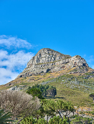 Buy stock photo Scenic landscape of blue sky over the peak of Table Mountain in Cape Town on a sunny day from below. Beautiful views of plants and trees around a popular tourist attraction and natural landmark
