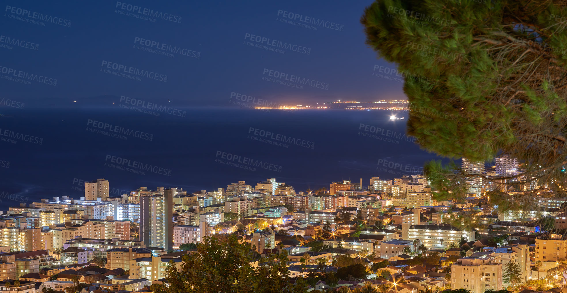 Buy stock photo City lights of Cape Town at sunset from above with copy space. Panoramic coastal urban landscape at night. High angle view from Signal Hill, South Africa of the cityscape and a beautiful horizon
