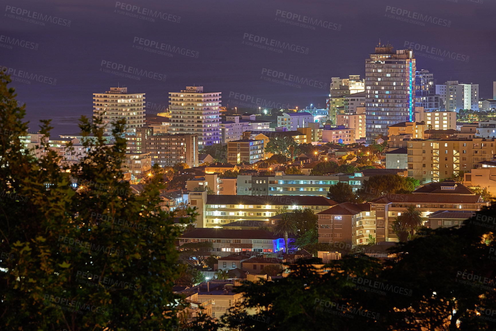 Buy stock photo City lights of Cape Town at night from above with copy space. Panoramic coastal urban landscape at sunset. High angle view from Signal Hill, South Africa of the cityscape and a beautiful horizon