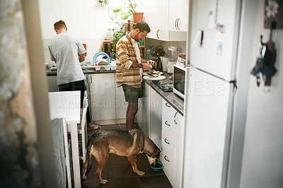 Buy stock photo Cropped shot of two young men making food together in the kitchen at home with their dog during the day