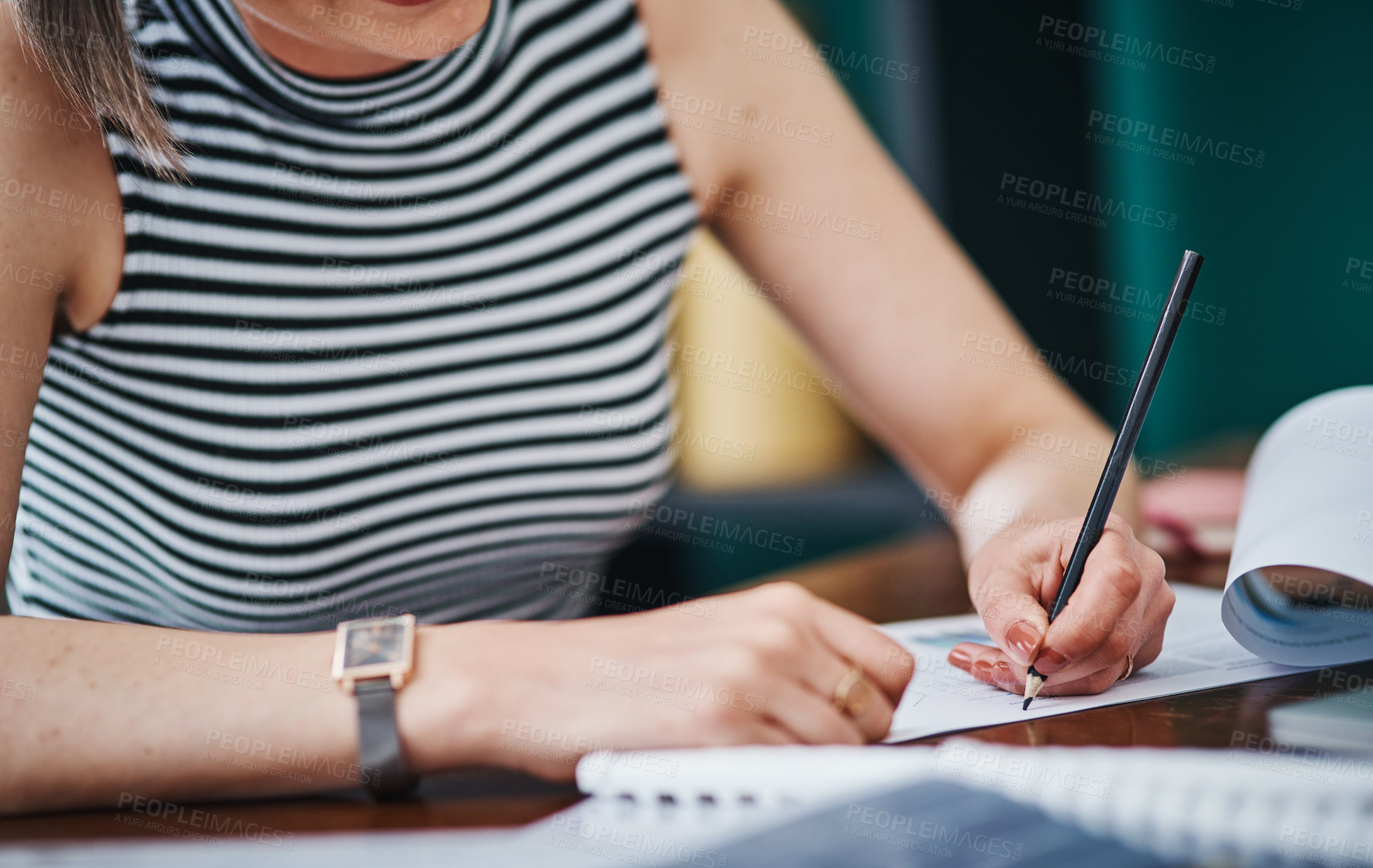 Buy stock photo Hands, business and woman with documents, writing and planning with events organizer. Closeup, entrepreneur and person with pencil, paperwork for schedule and brainstorming for startup and ideas