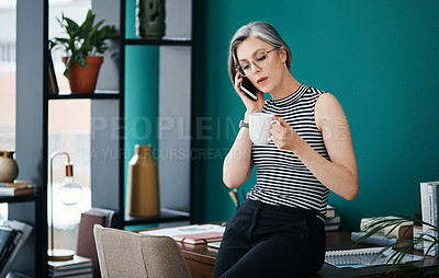 Buy stock photo Phone call, listening and mature woman with coffee, glasses and information for business, journalist and serious. Confident, reporter and person with mobile, professional and press with news and talk