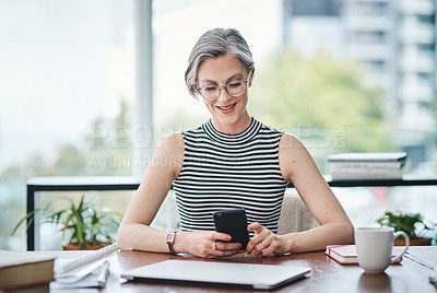 Buy stock photo Consultant, business and phone for networking, research and client management in office. Mature woman, corporate and mobile for communication, email and company development with investment project