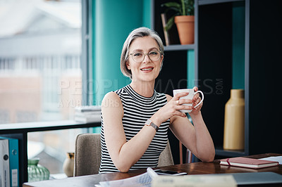 Buy stock photo Portrait, mature woman and coffee in office for relax, break or stress management in business as professional. Female person, manager and calm as staff, copywriter or advertising executive in company