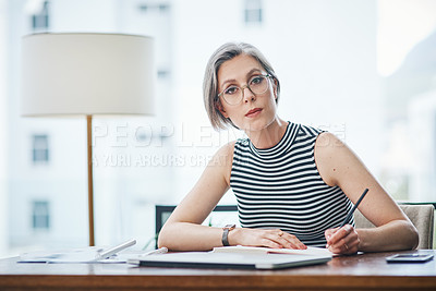 Buy stock photo Business, portrait and mature woman in office for planning, agenda and calendar in journal. Receptionist, notebook and writing at desk for company schedule, assistant and booking appointment in city