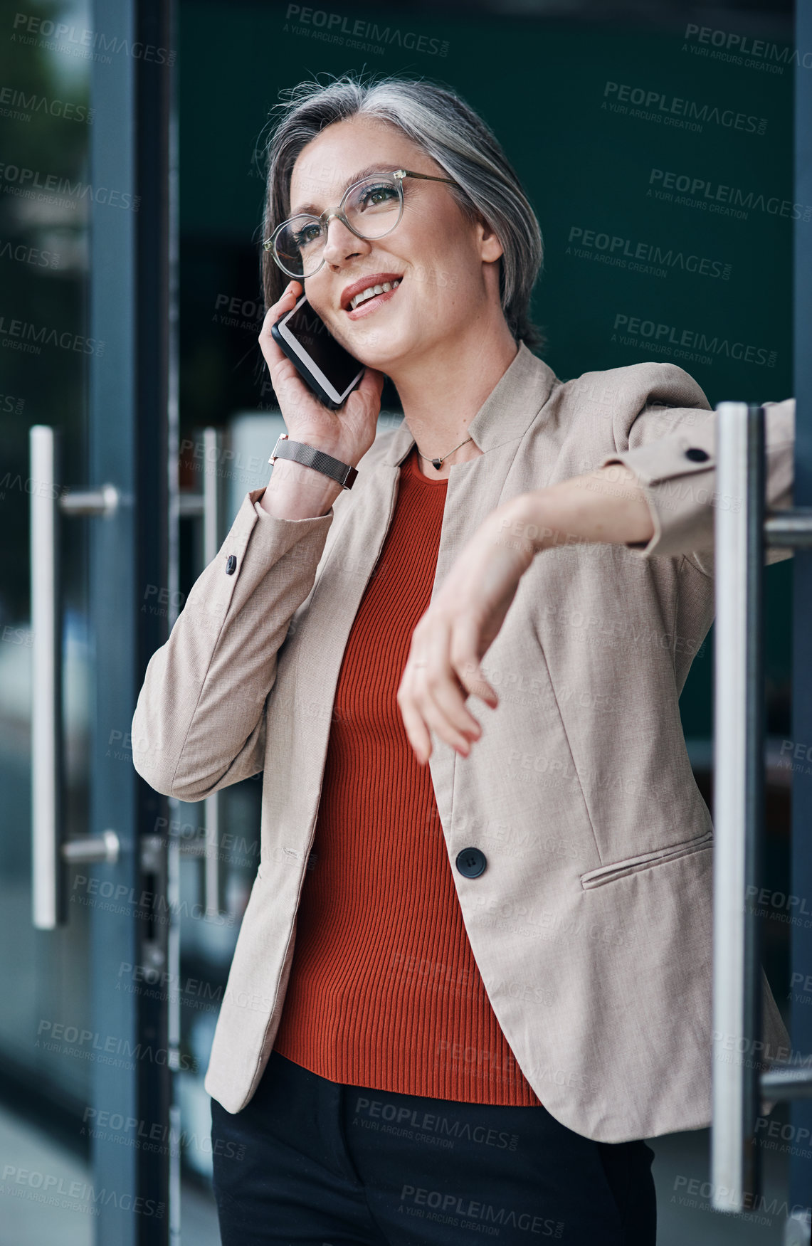 Buy stock photo Business, woman and relax with phone call in office for communication, property negotiation or customer service. Smile, mature employee and mobile as real estate agent, discussion and design feedback