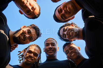 Buy stock photo Portrait, people and outdoor rugby team in circle, low angle solidarity and group for sports. Men, blue sky and professional athletes together for training, practice and fitness unity at competition