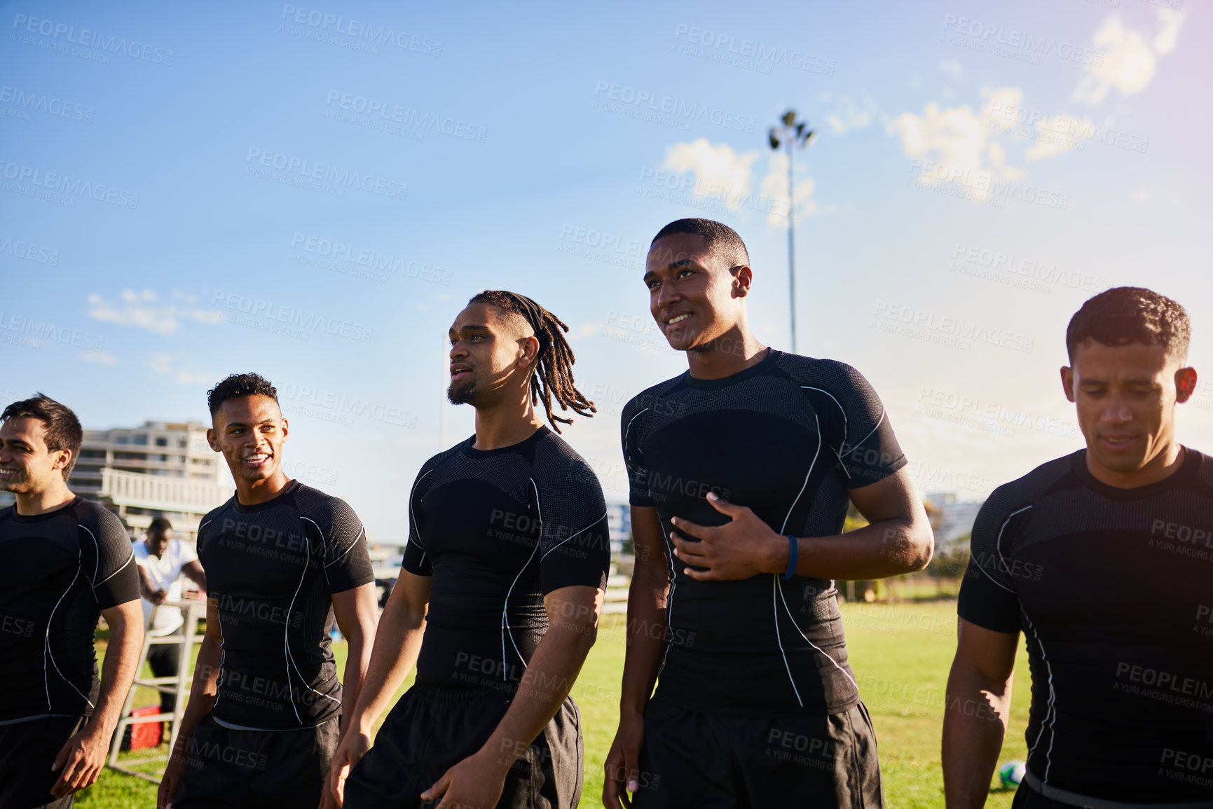 Buy stock photo Game, people and outdoor rugby team on field, solidarity and group for sports. Men, collaboration and professional athletes together for training, practice and fitness unity at competition or match