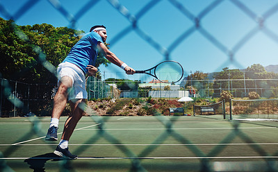 Buy stock photo Match, hit and outdoor with man at tennis court for training, workout and practice for championship. Fitness, person and male athlete with racket in sports for game, exercise or competition in summer