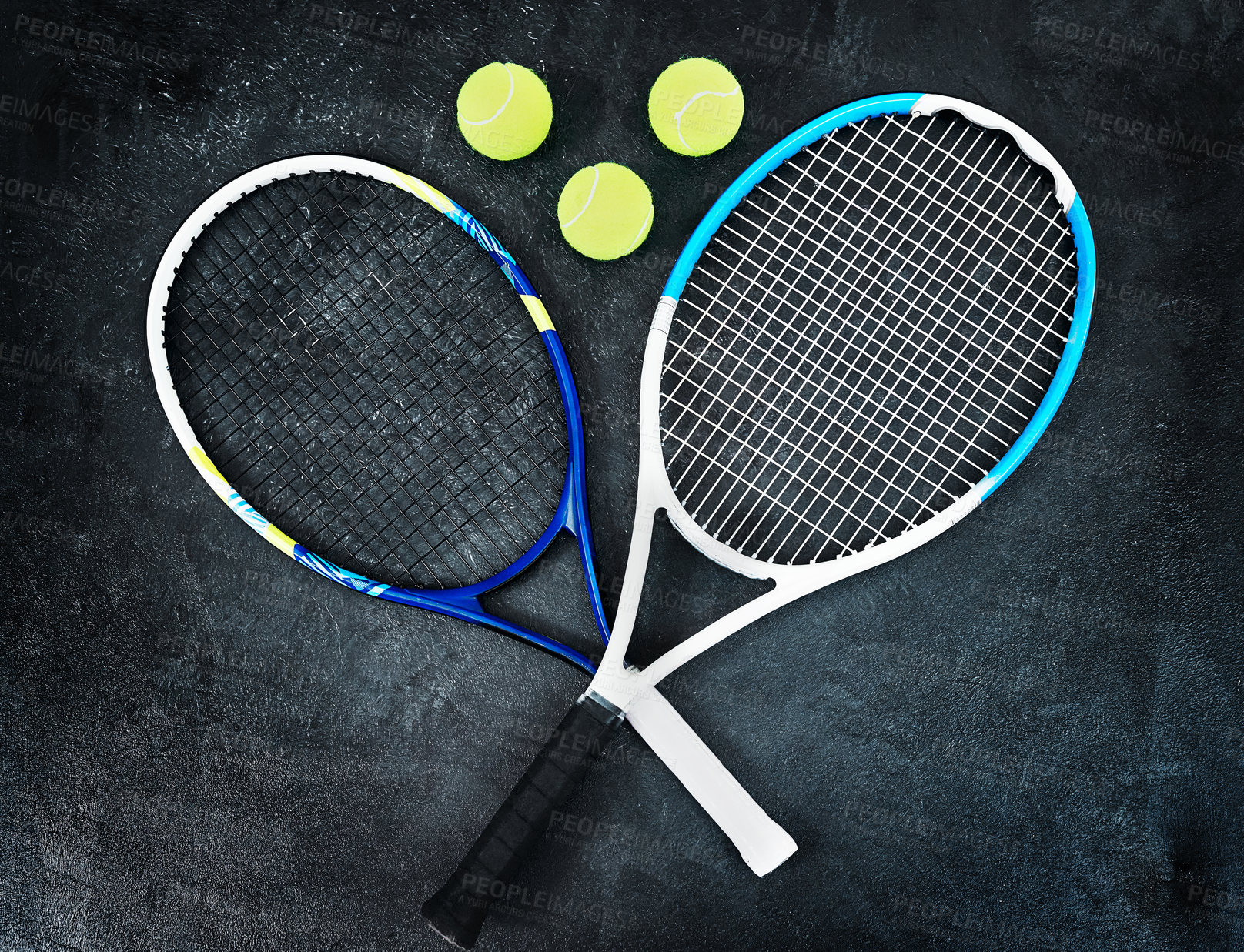 Buy stock photo Ball, racket and equipment in studio for tennis competition, match or fitness challenge at health club. Sports, gear and exercise tools on court for international games, workout and dark background