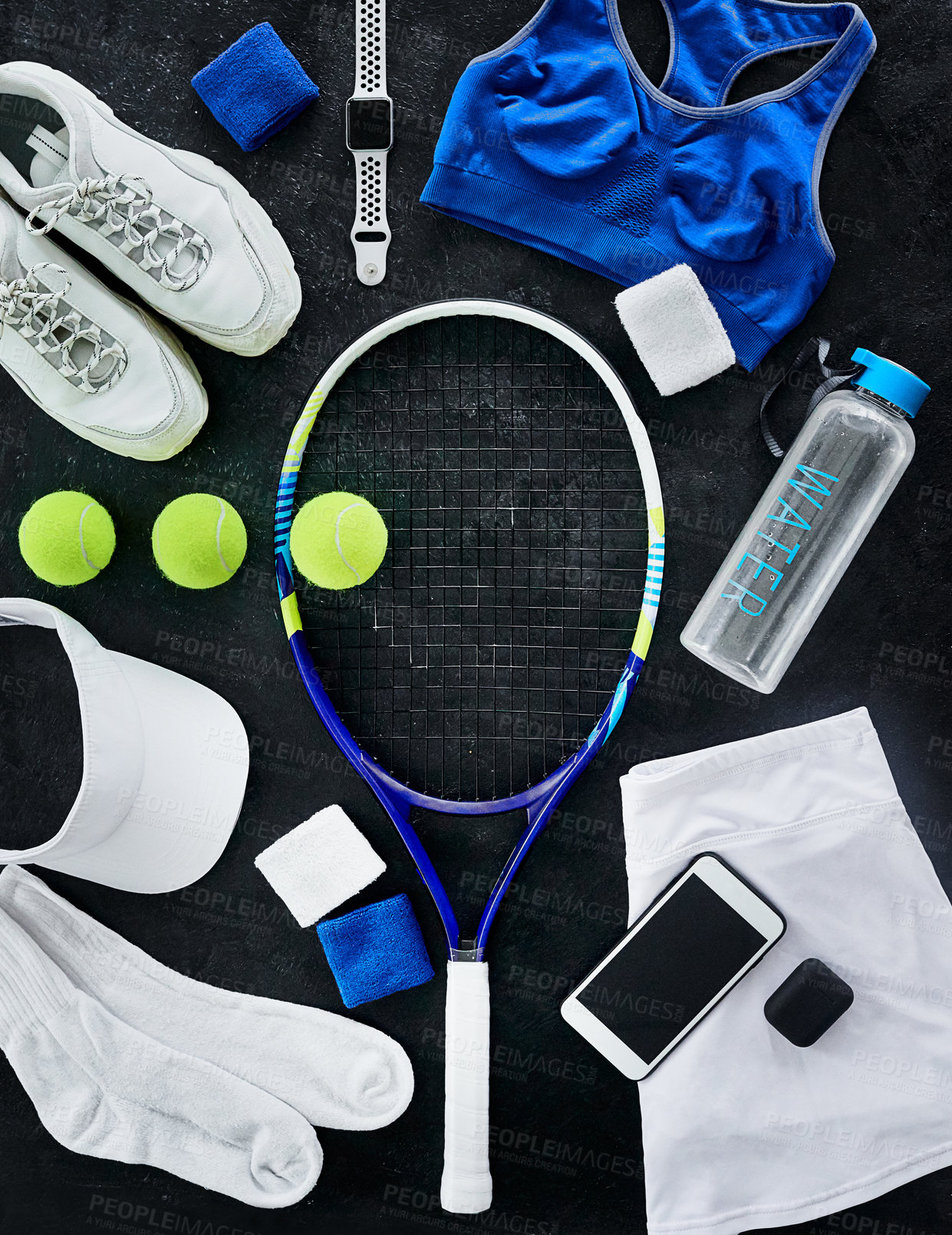 Buy stock photo Top view, fitness gear and tennis equipment, shoes and smart watch on black background flat lay. Above, tools and sports racket, balls and water bottle on floor with training clothes or smartphone