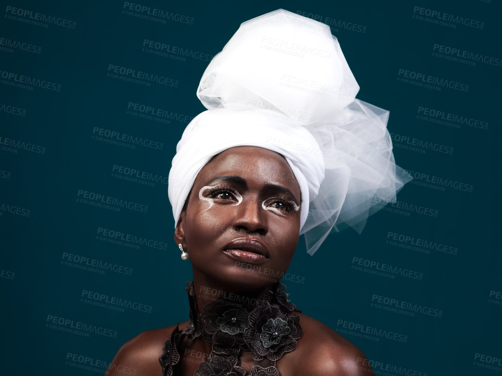 Buy stock photo Beauty, fashion and serious black woman in makeup with wrap in studio isolated on a blue background mockup. African model, cosmetics and head scarf with face for traditional style, skin or thinking