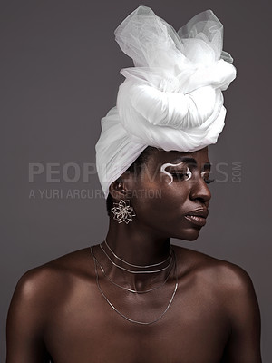 Buy stock photo Face, wrap and black woman with makeup, skincare or confidence in studio on grey background. Beauty, profile or proud African model with traditional culture, eyeshadow cosmetics or creative necklace 