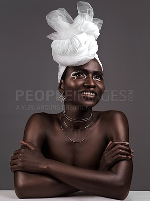 Buy stock photo Thinking, wrap or black woman with makeup, pride or beauty in studio on grey background. Skincare, fashion or Happy African model with traditional turban, eyeshadow cosmetics or necklace for culture 
