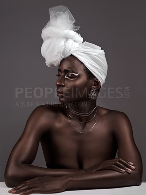 Buy stock photo Profile, wrap and black woman with makeup, pride and confidence in studio on grey background. Face, eyes closed or African model with traditional turban, eyeshadow cosmetics or creative necklace 