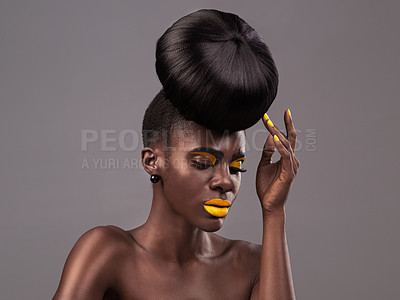 Buy stock photo Cosmetics, makeup and black woman in studio with lipstick, cosmetology and eyeshadow on gray background. Creative, aesthetic and female model with yellow lip balm, nail polish manicure and glamour