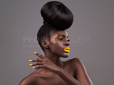 Buy stock photo Aesthetic, makeup and black woman in studio with lipstick, cosmetics and eyeshadow on gray background. Creative, glamour and female model with yellow lip balm, nail polish manicure and cosmetology