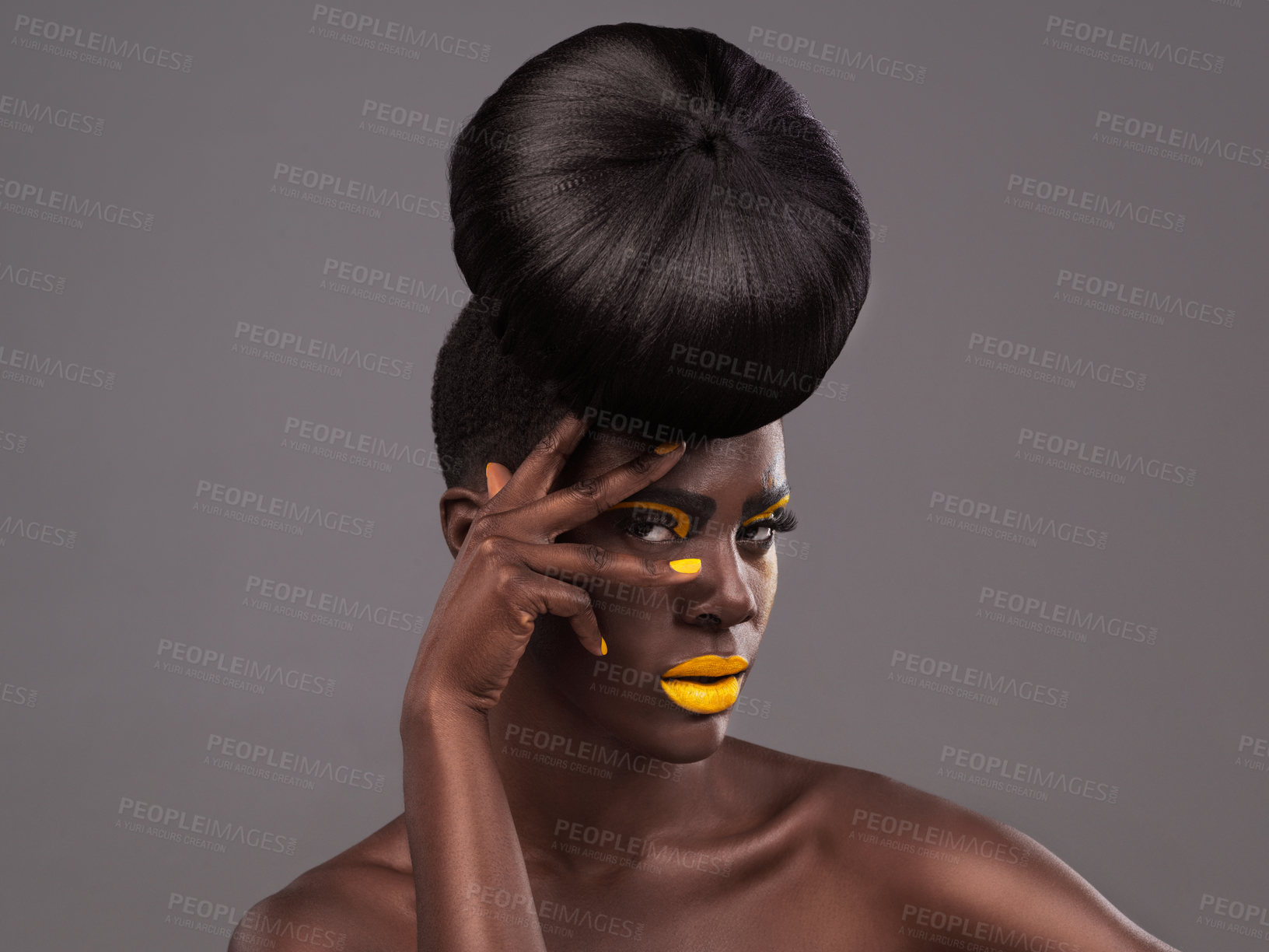 Buy stock photo Art, aesthetic and portrait of black woman in studio for makeup or cosmetic product promo with mockup. Fashion, yellow lipstick and beauty model on grey background, creative cosmetic tips in `Africa.